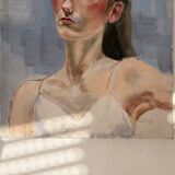 Ancien Peinture Huile Toile Femme Portrait Nue Blonde Enervée Sentiment