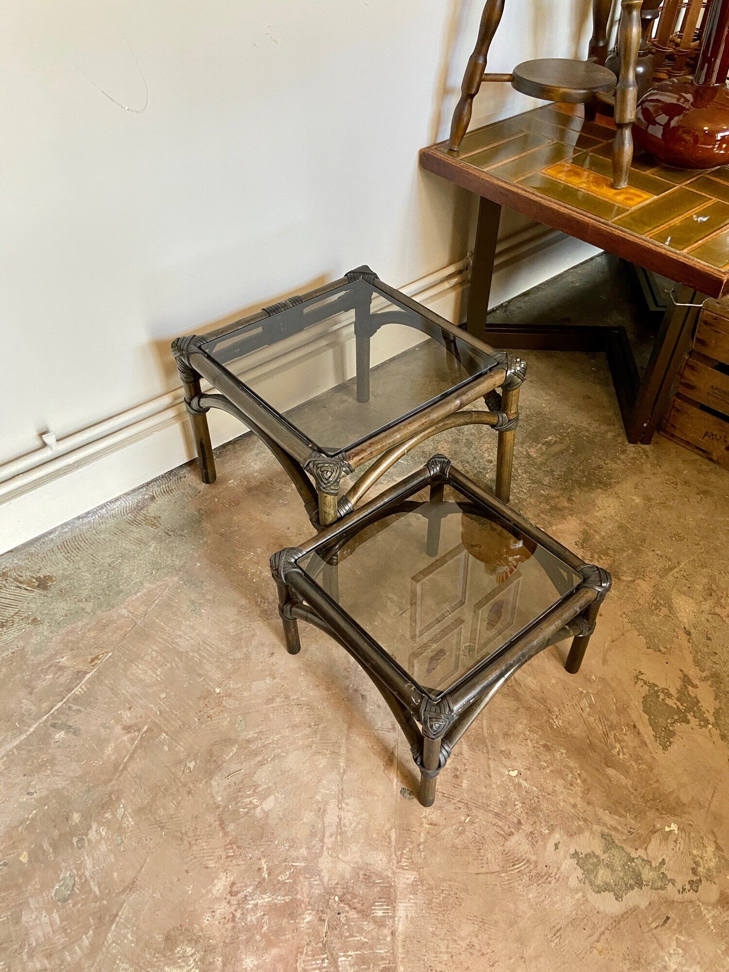 2 coffee tables, rattan sofa tips and smoked glass