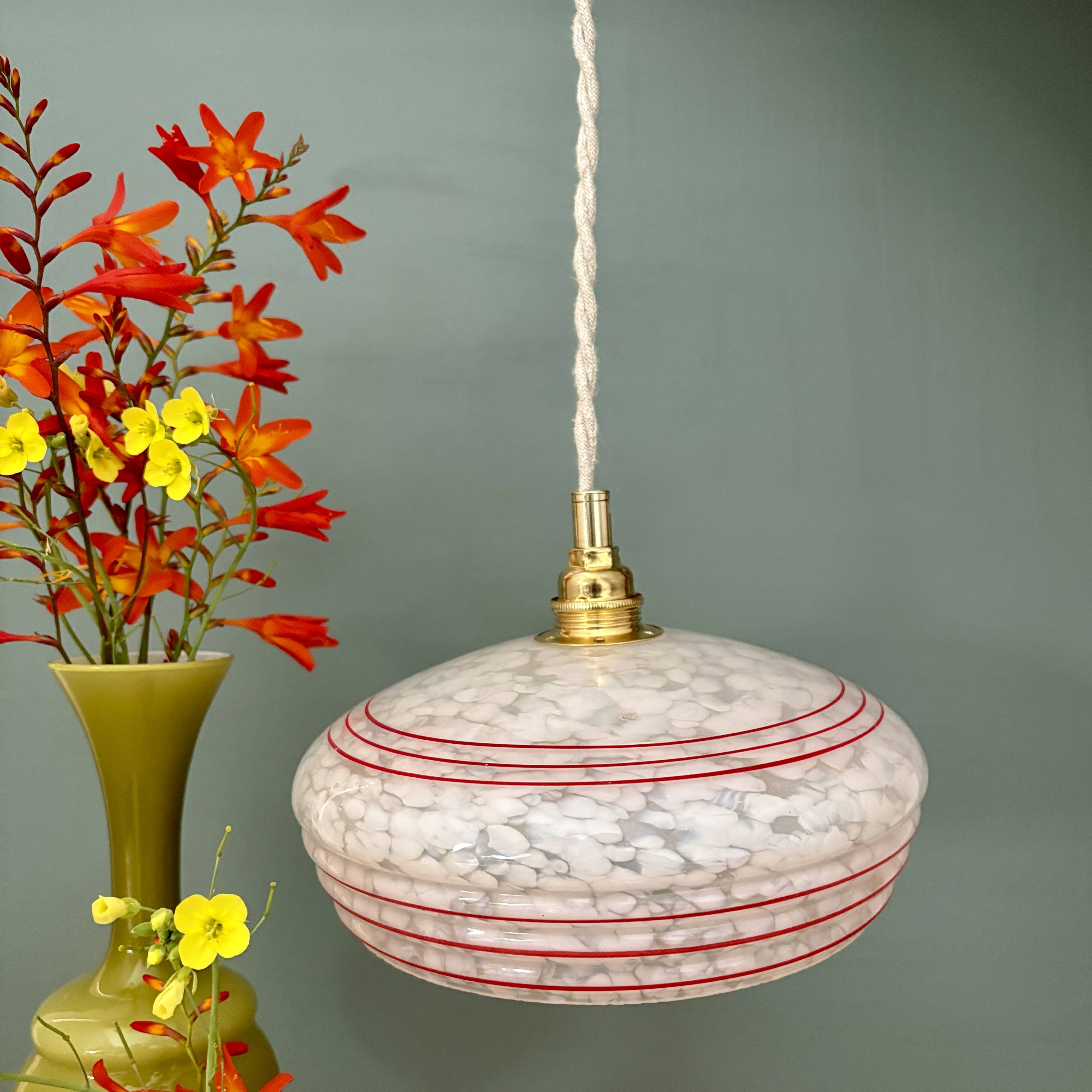 Vintage white clichy glass lampshade pendant light with red trim