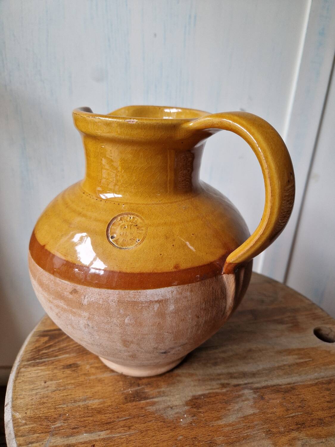 Antique glazed terracotta pitcher, brown semi-glazed jug, vase
