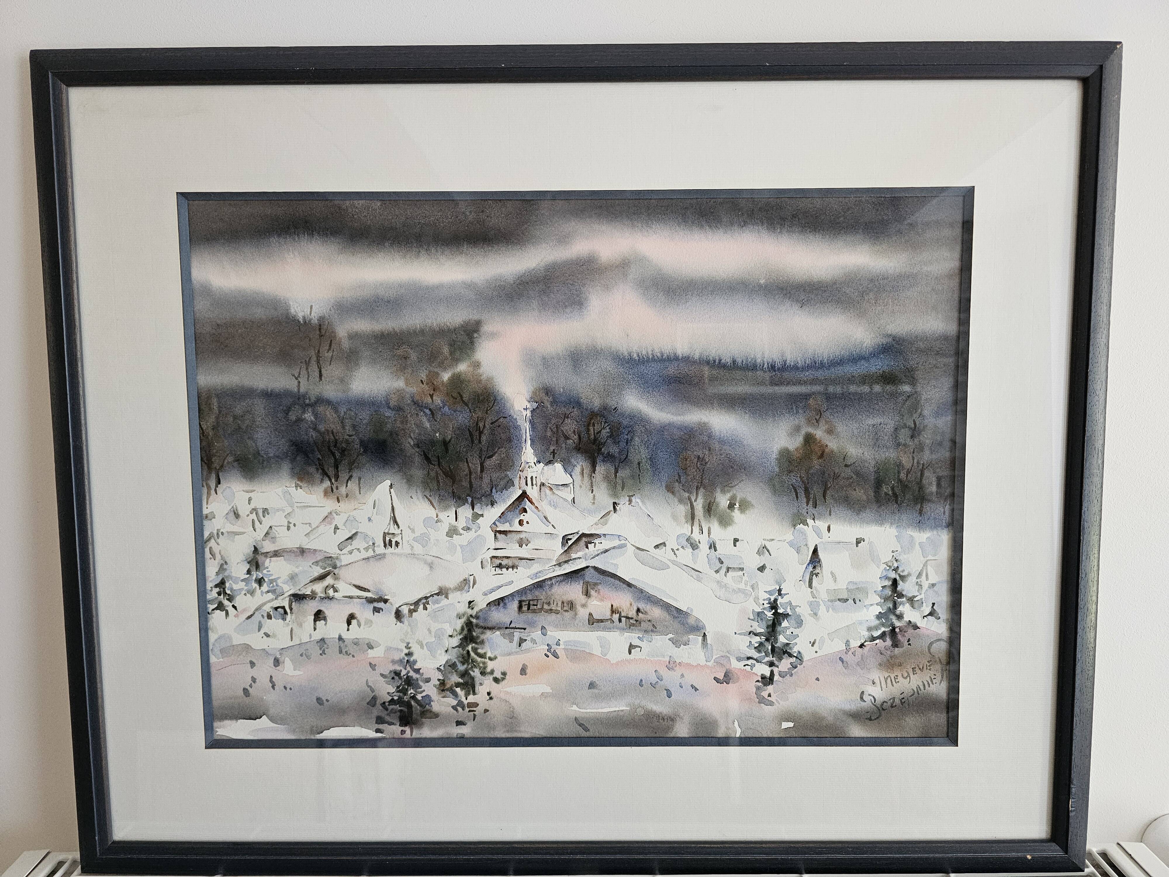 Painting - Watercolor snow landscape - View of Megève Signed