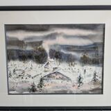 Painting - Watercolor snow landscape - View of Megève Signed
