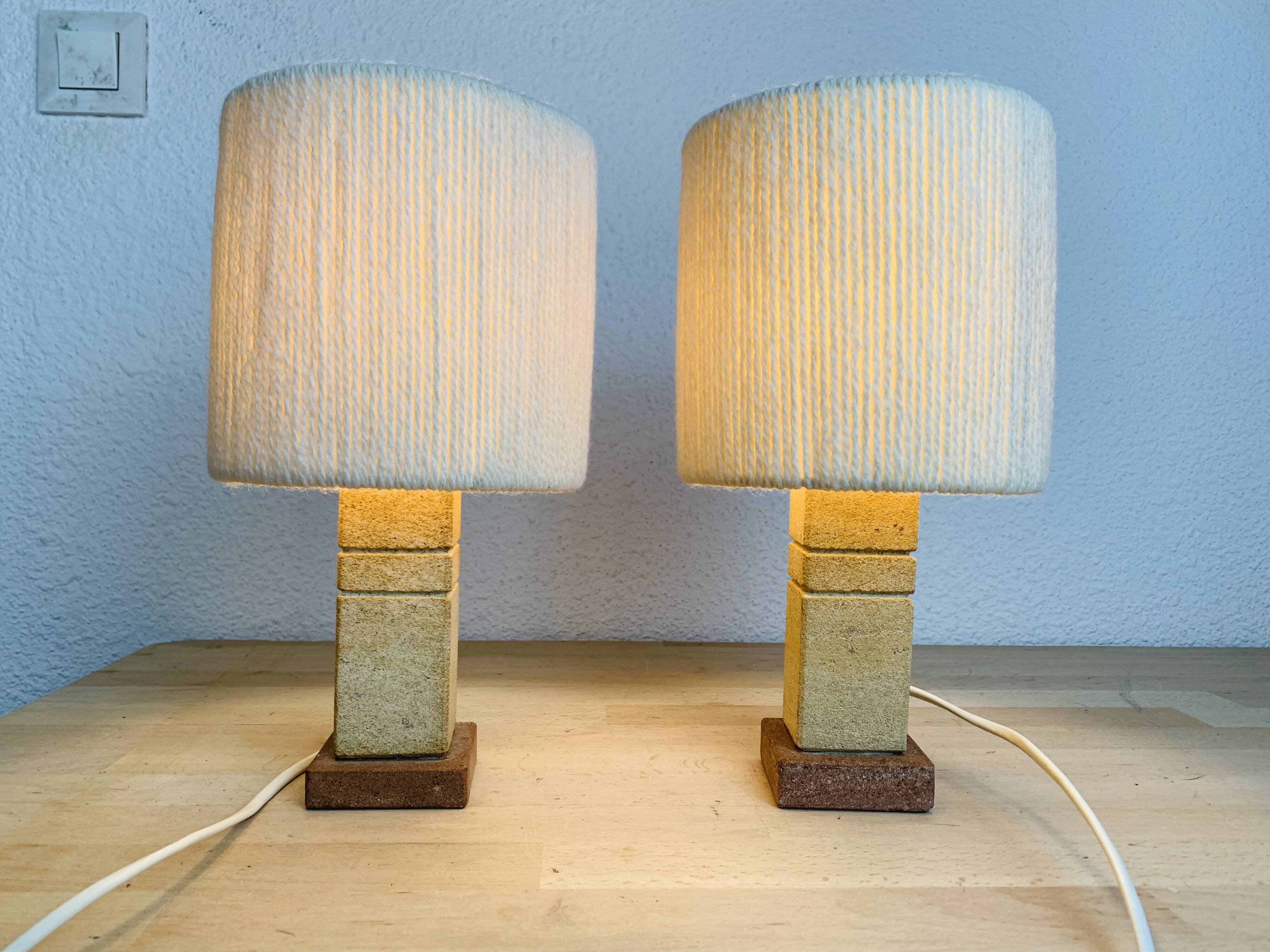 Pair of brutalist lamps pink sandstone and wool lampshade
