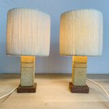 Pair of brutalist lamps pink sandstone and wool lampshade