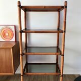 Large rattan shelf, leather strips and smoked glass 70s-80s