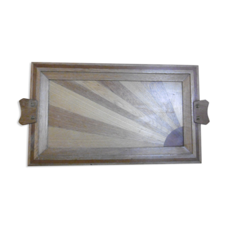 Vintage wooden service tray marquetry setting sun 50s/60s