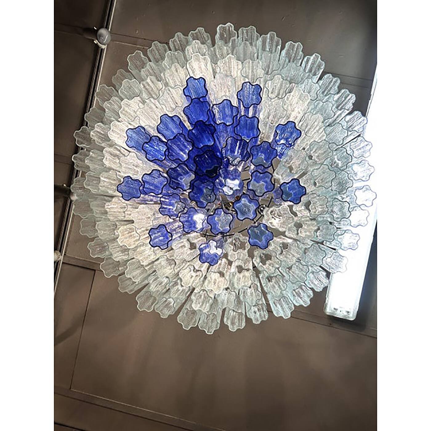 Large Transparent and Blue "Tronchi" Murano Glass Chandelier in Venini Styl