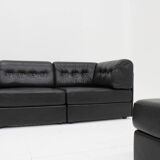 Canapé modulable vintage en cuir noir des années 1970