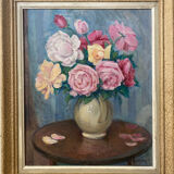 Painting "Bouquet of roses in vase" HST signed (to decipher)