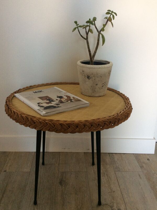 Table en bois et osier des années 60