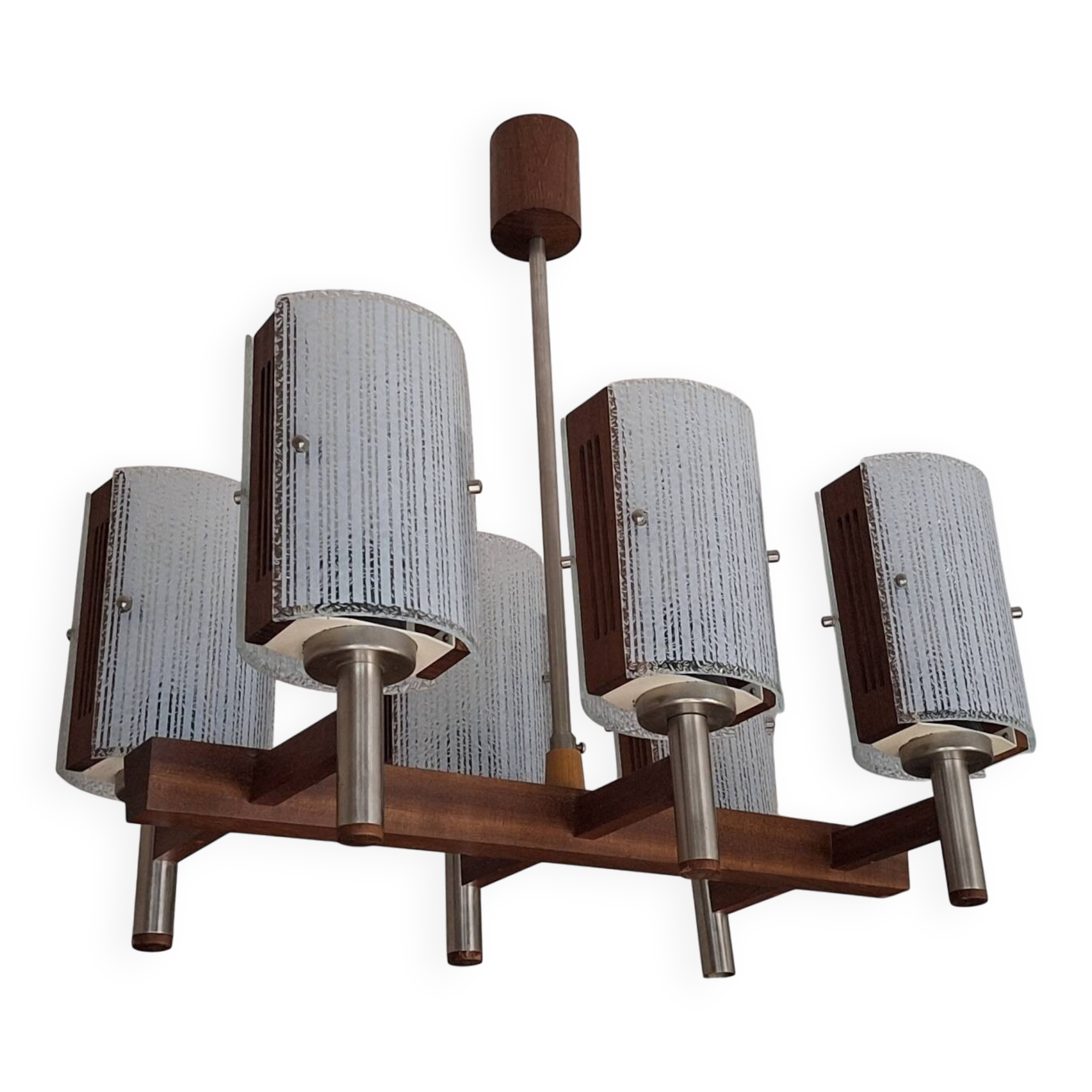 Brutalist teak and art glass chandelier, Italy 1960s