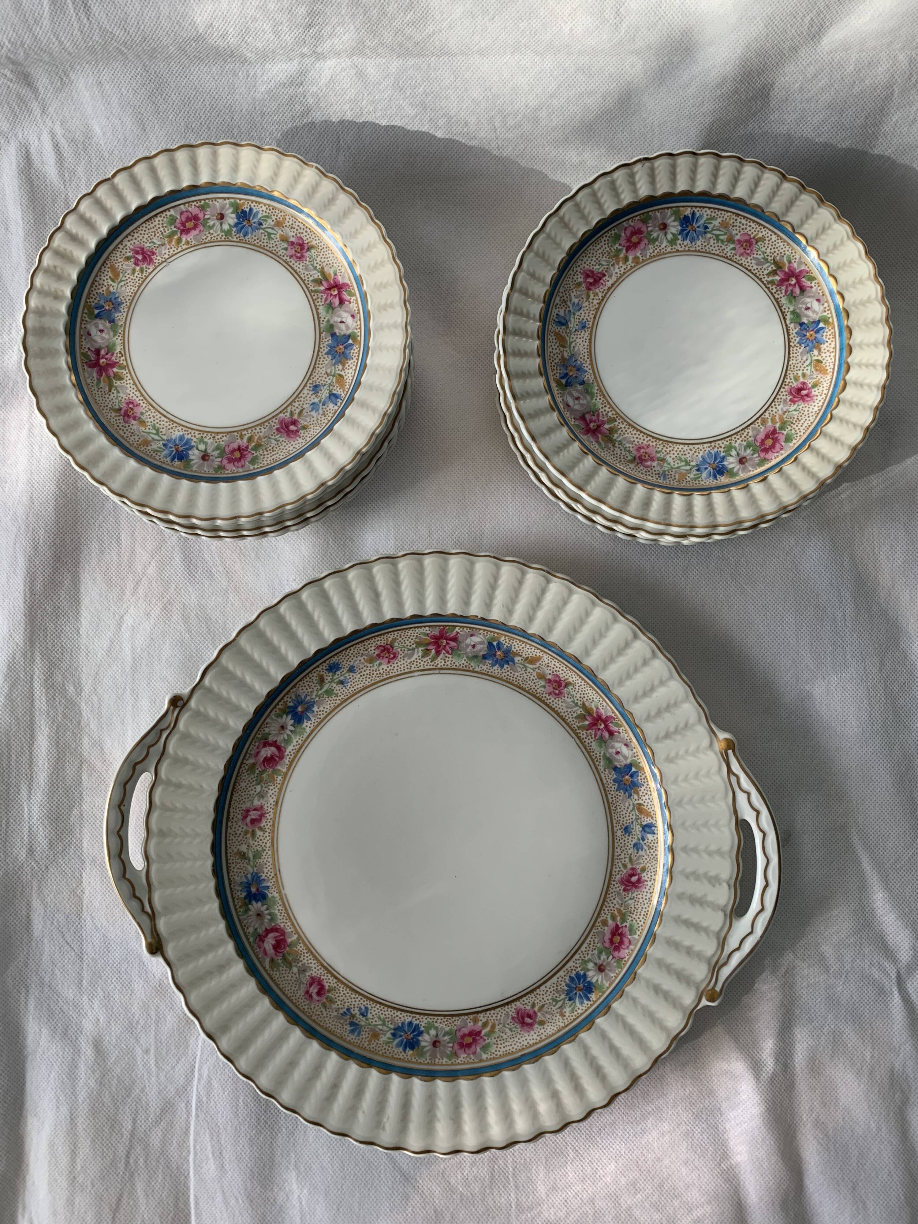 Dessert service 10 plates and a Bernardaud Limoges porcelain cake dish