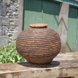 Old basket with lid, burgundy straw and bramble, woven basket, interior decoration
