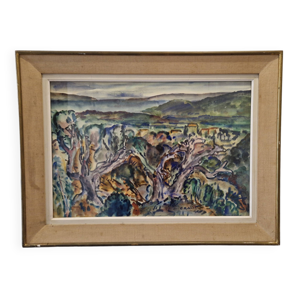 Tableau gouache années 1950 arrière pays méditerranéen, encadré, signé F Robinet