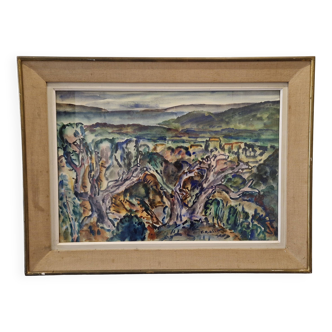 Tableau gouache années 1950 arrière pays méditerranéen, encadré, signé F Robinet