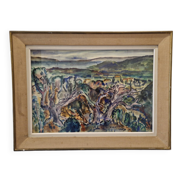 1950s gouache painting of the Mediterranean hinterland, framed, signed F Robinet