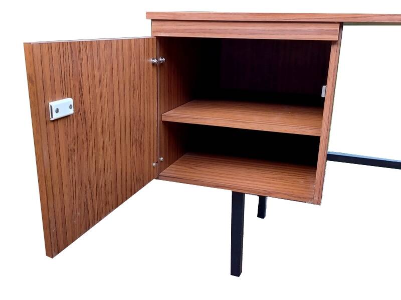 Modernist desk with double drawers in formica and metal, 1960.