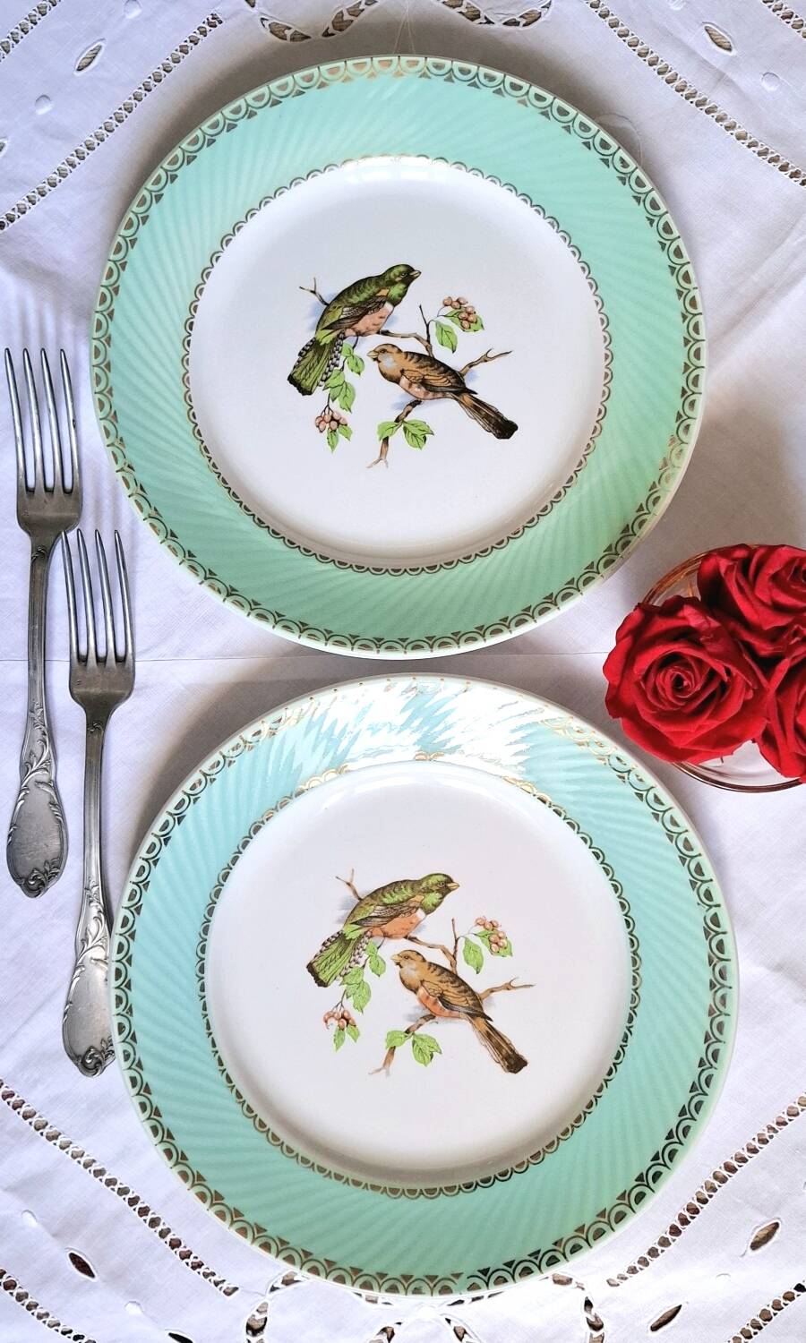 Old mismatched earthenware dinner plates