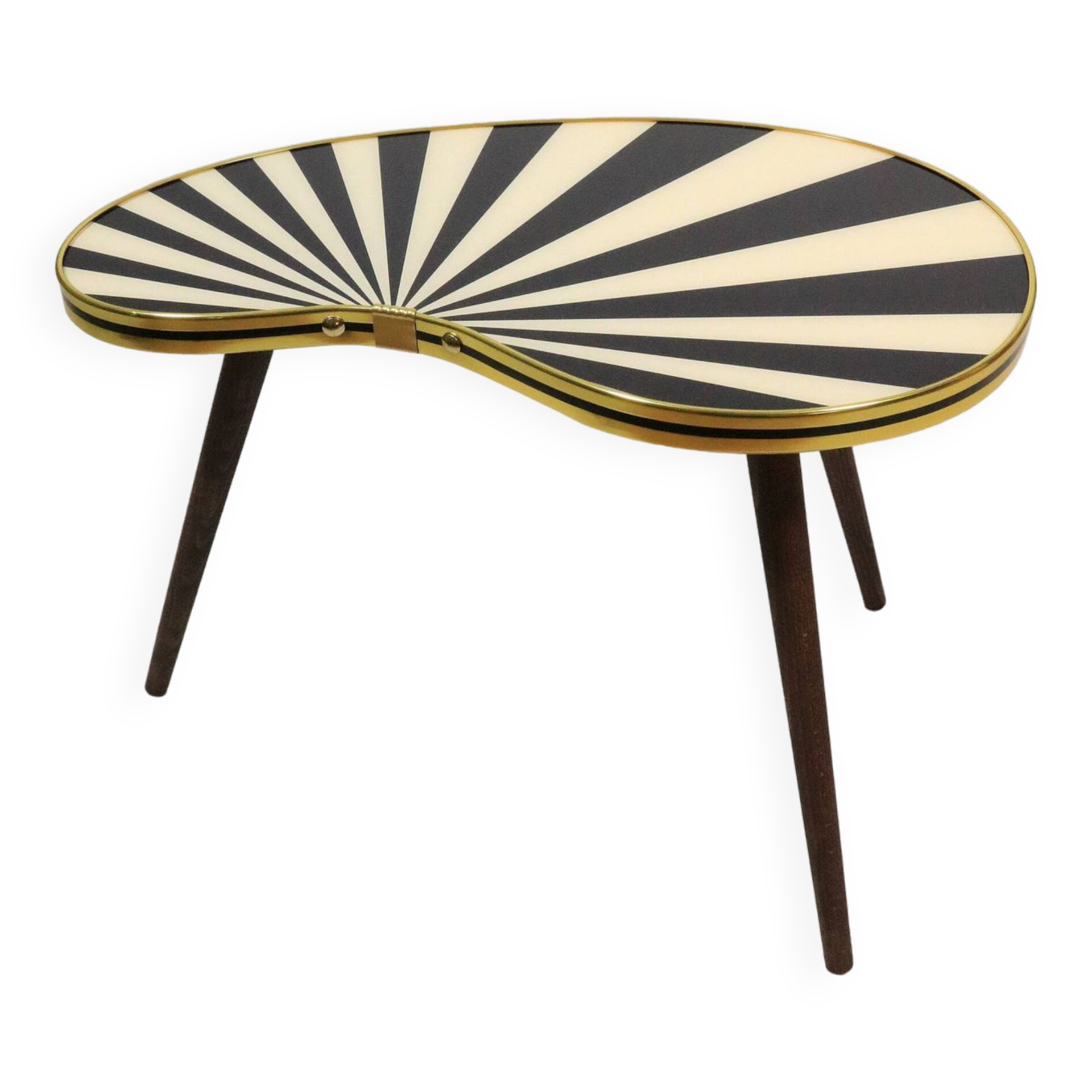 Small side table, kidney-shaped, black and white stripes, 3 elegant legs, 50s style
