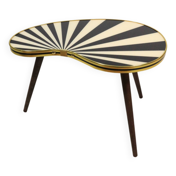 Petite table d'appoint, en forme de rein, rayures noir-blanc, 3 pieds élégants, style années 50