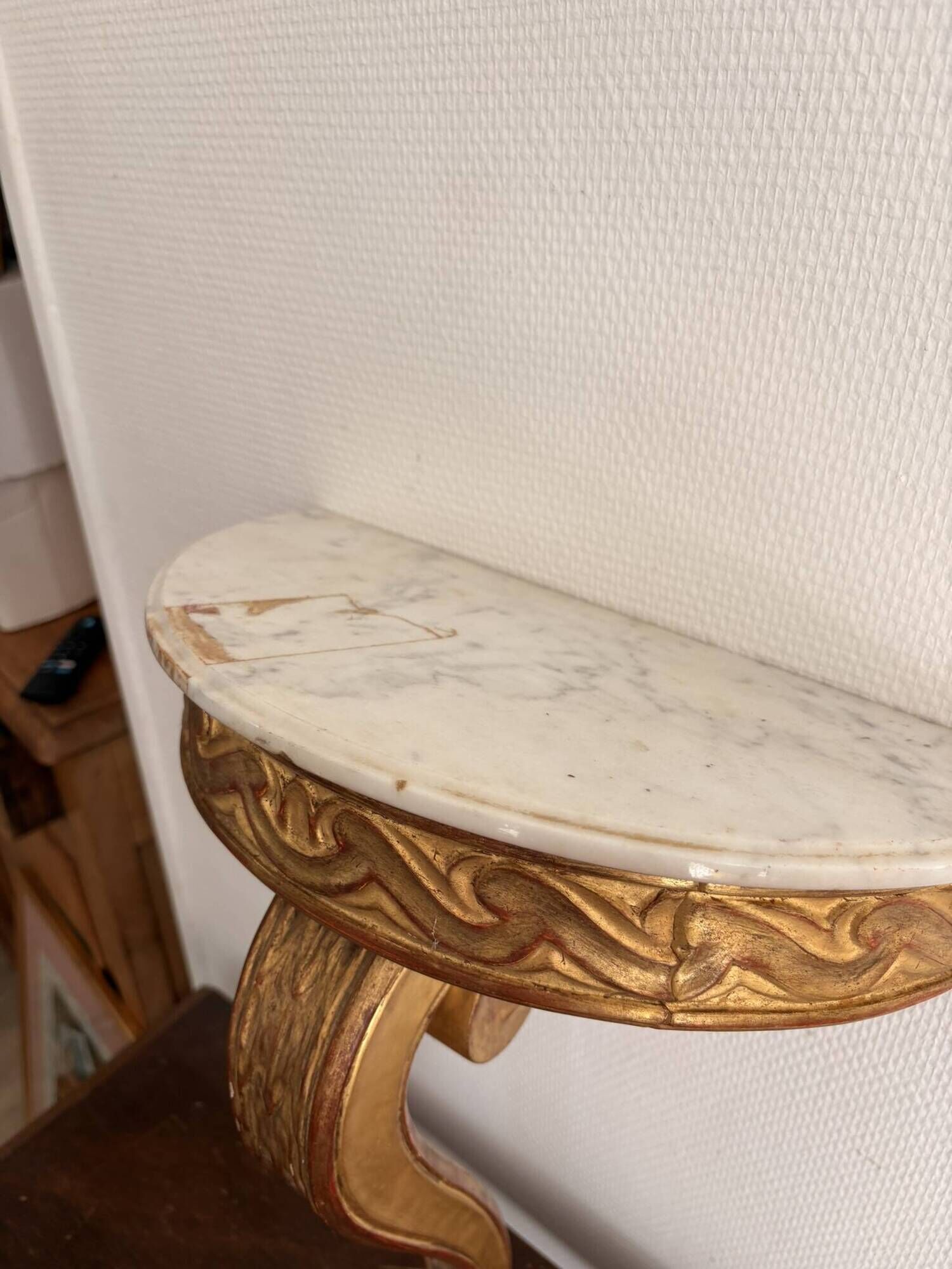 Console Demi Lune Gold Wood White Carrara Marble Louis XVI Classic Style