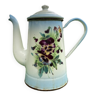 Old Japy coffee maker in enameled sheet pansy flowers
