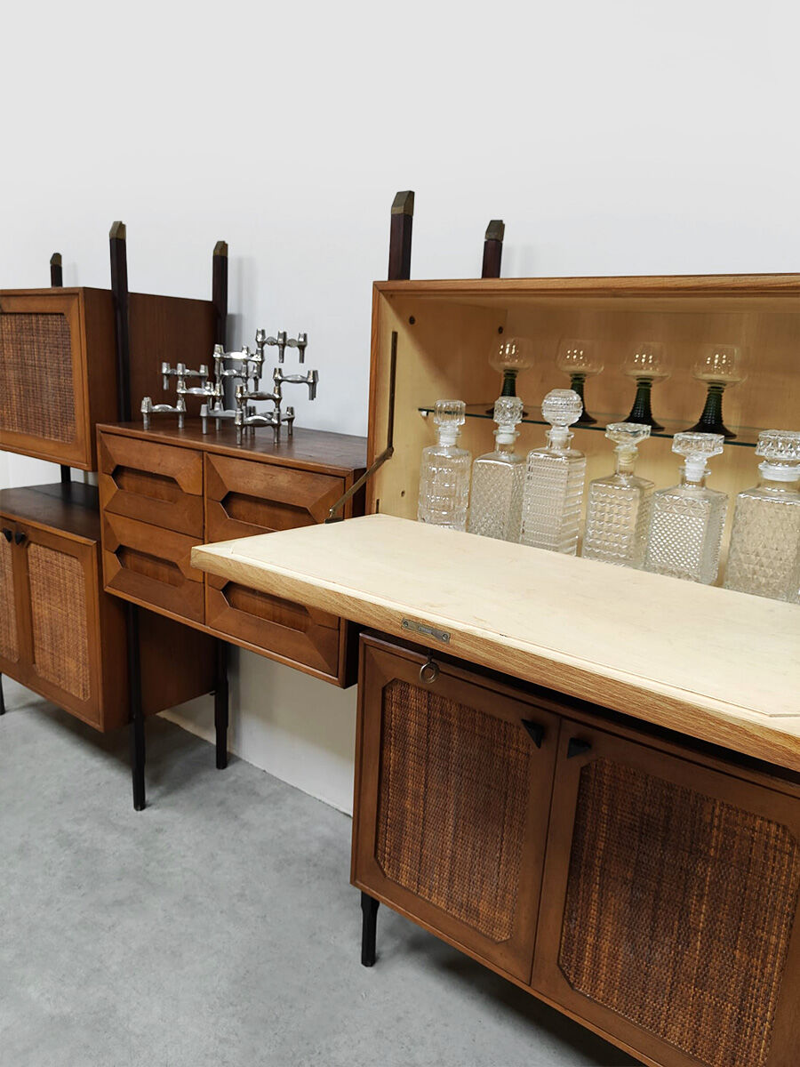 Rare Italian midcentury design modular teak webbing wall unit cabinet