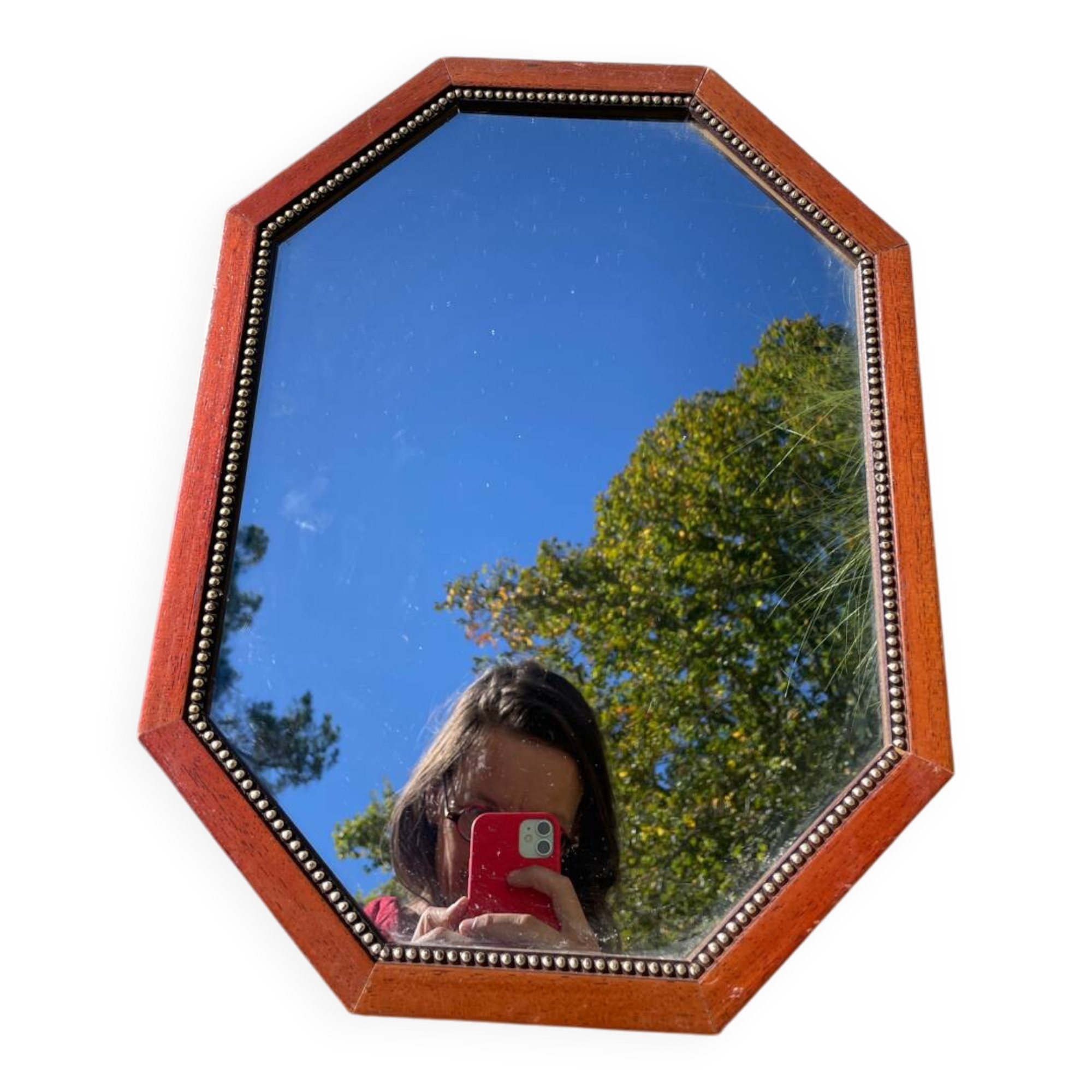 Octagonal beaded wooden mirror