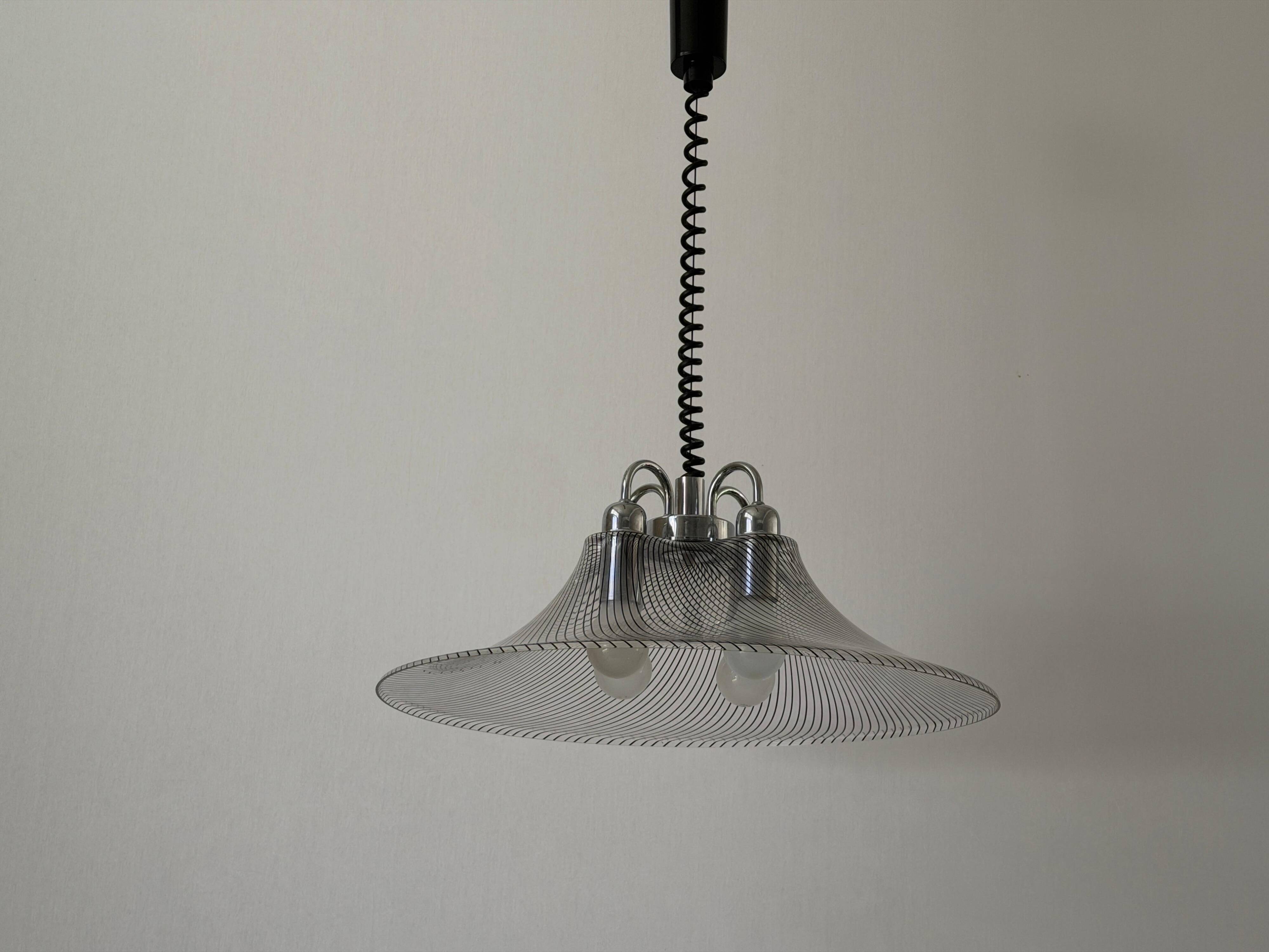 Suspended lamp with 4 sockets, chrome body and plexiglass shade, 1970s, Germany.