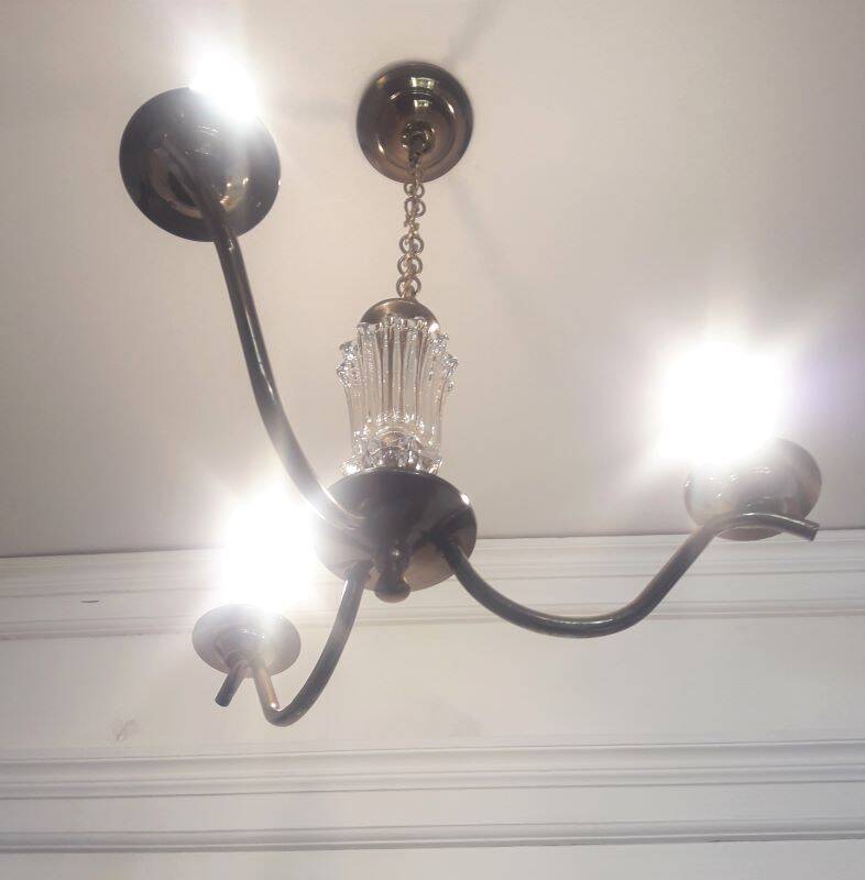 Chandelier 1950, 1960 3 lights gold metal and glass