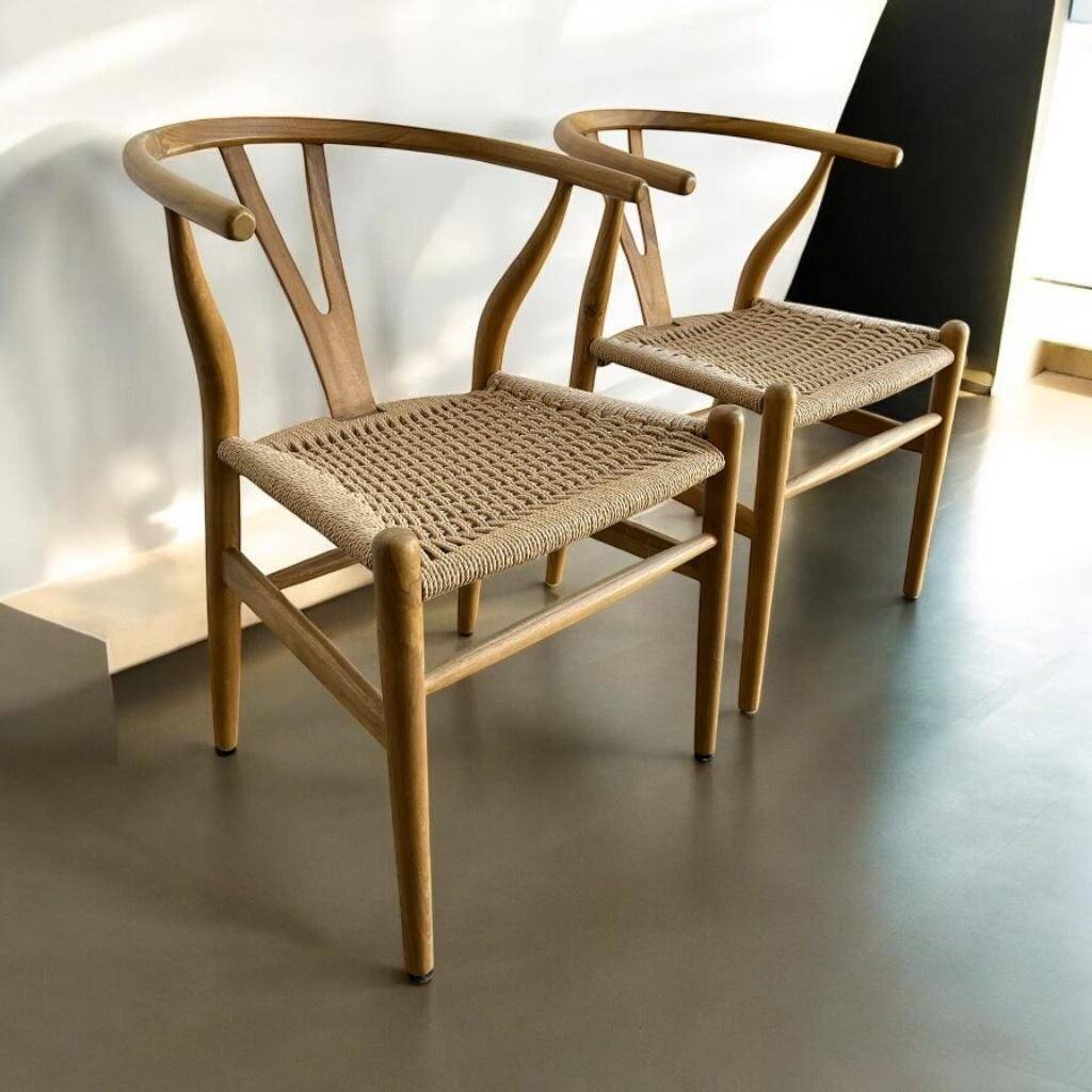 2 teak and rope dining chairs