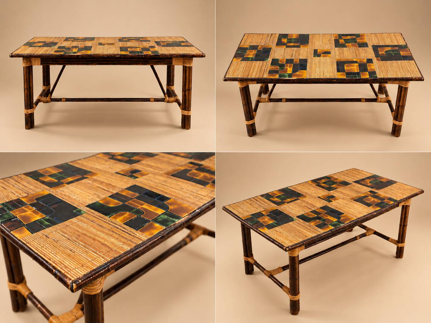 Dining table in stained rattan, bamboo and ceramic - audoux & minet