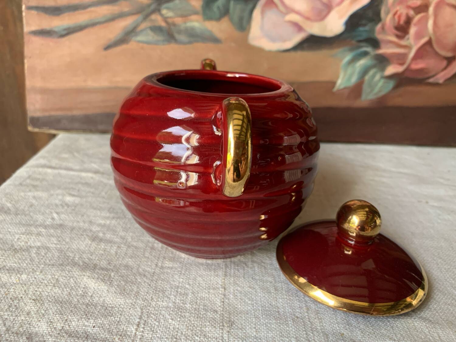 Saint Clément Art Deco Burgundy and Gold Sugar Bowl