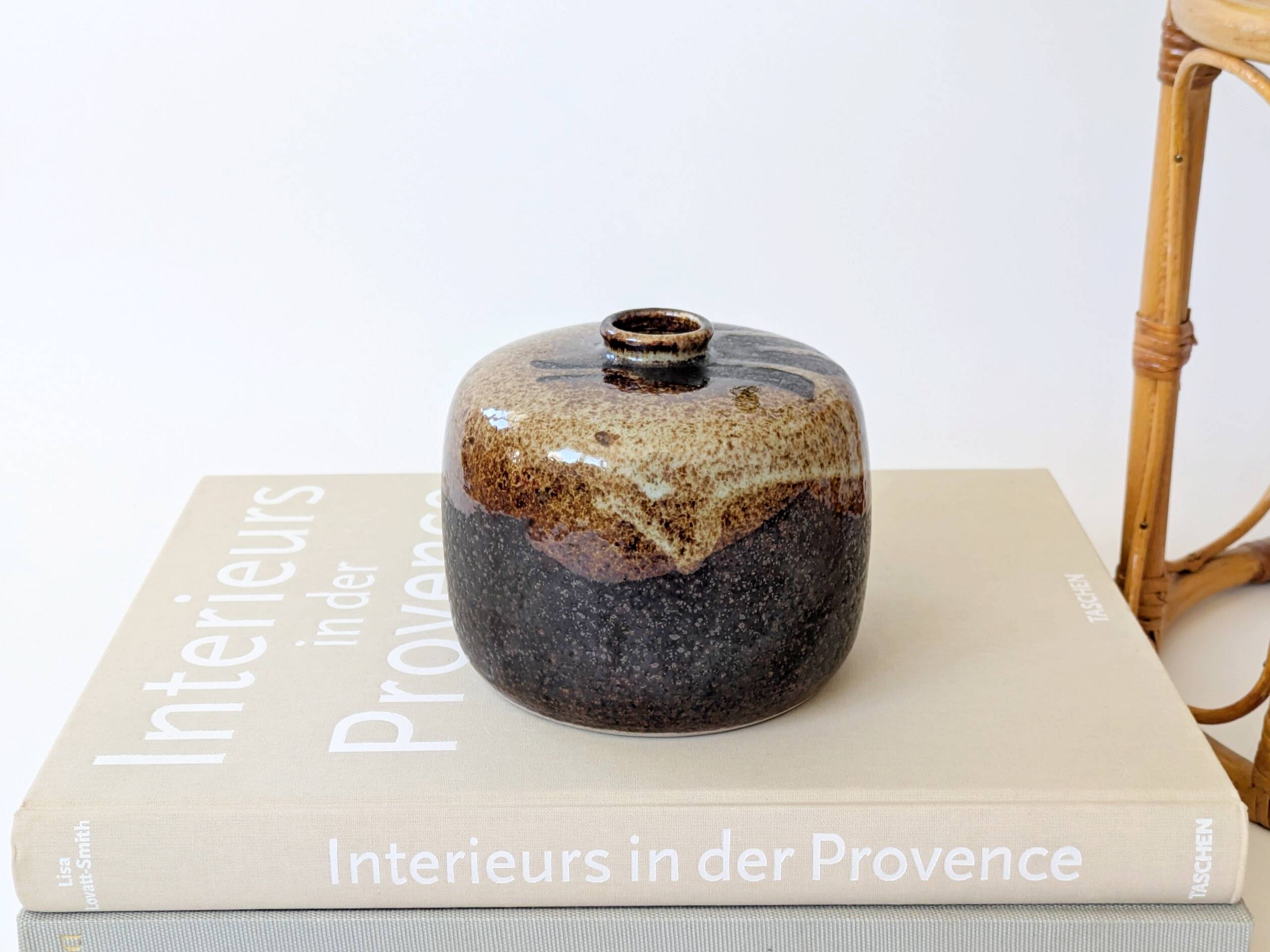 Round stoneware vase, brown and cream glaze, vintage handmade pottery