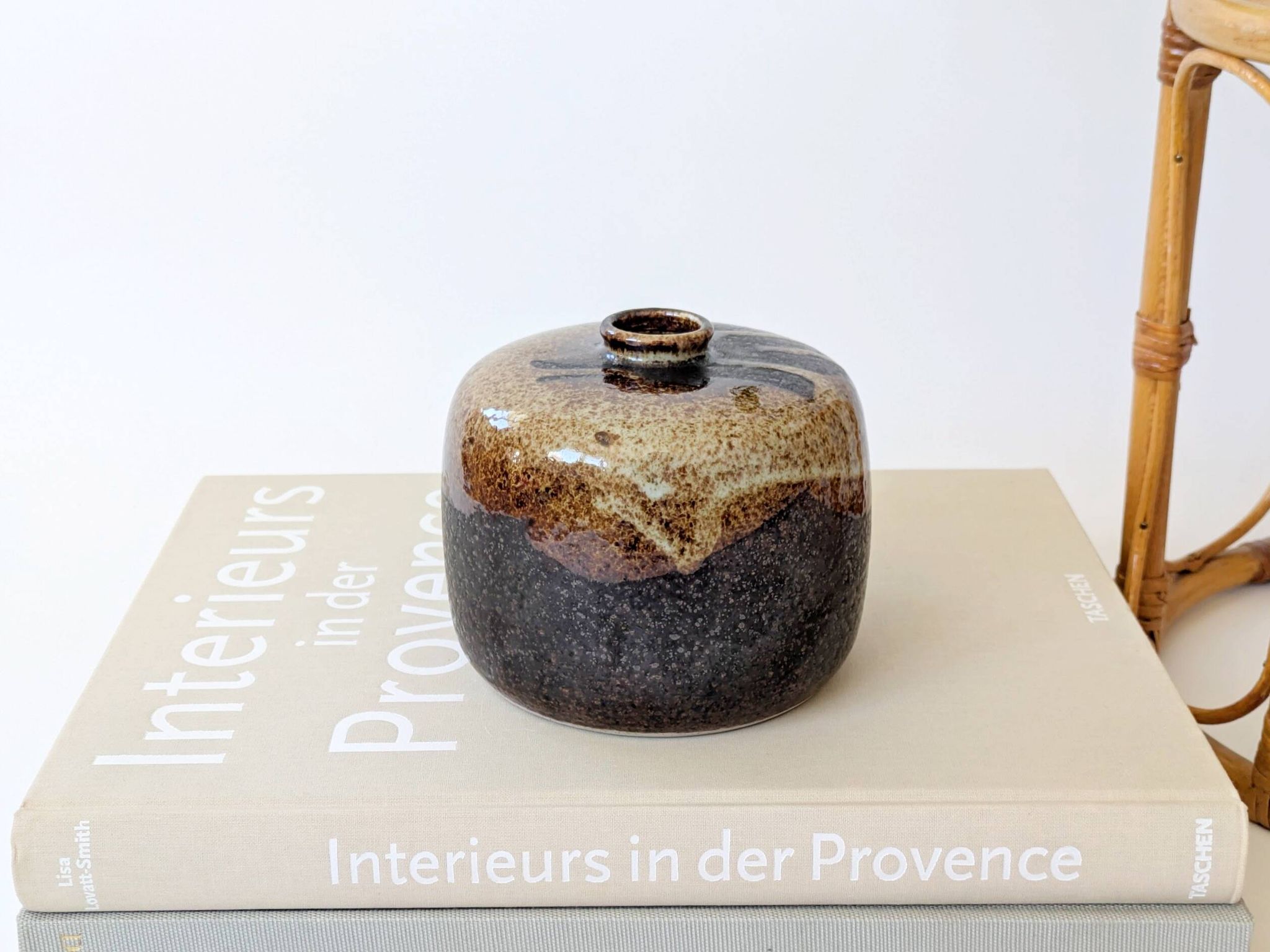 Round stoneware vase, brown and cream glaze, vintage handmade pottery