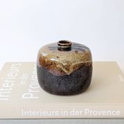 Round stoneware vase, brown and cream glaze, vintage handmade pottery