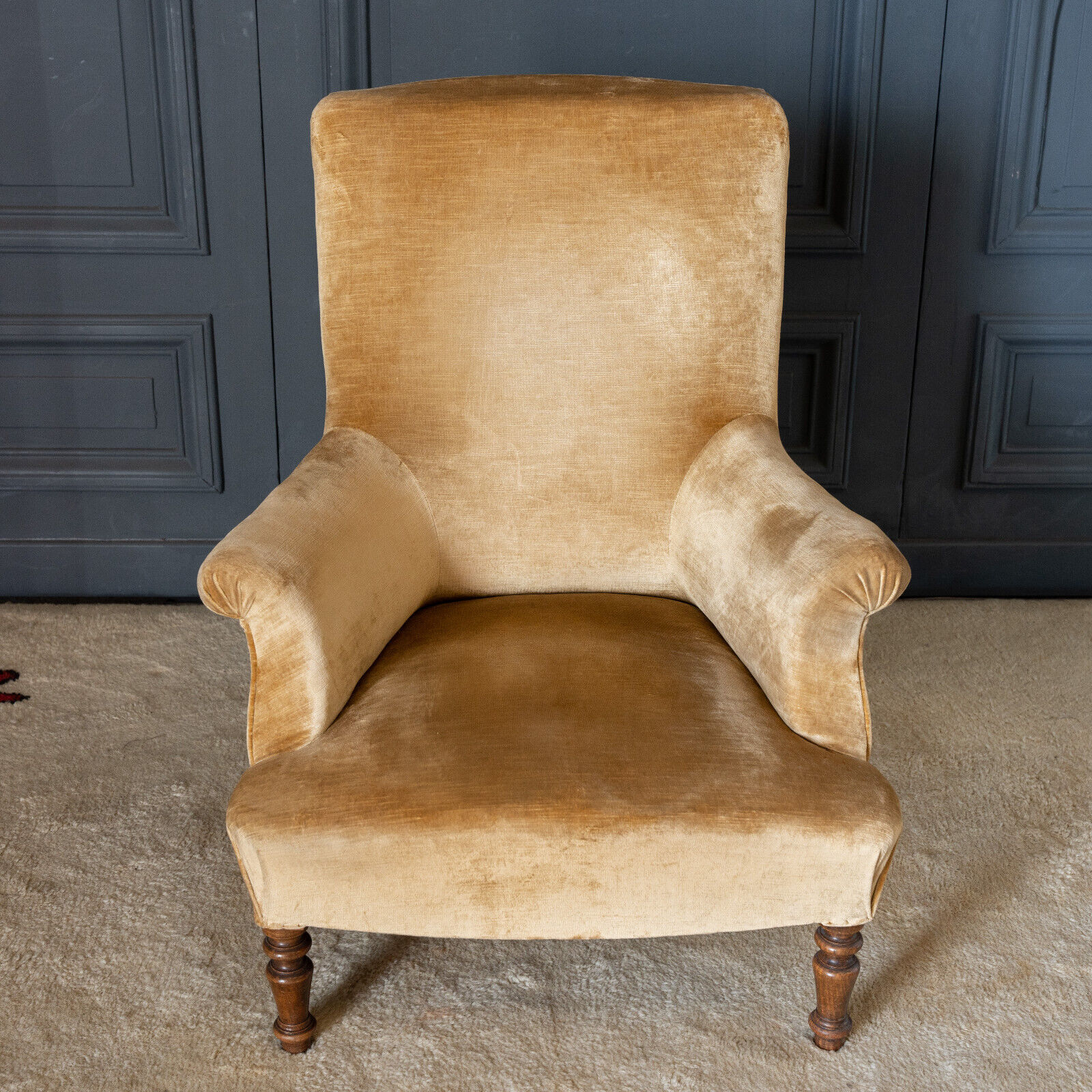 Armchair napoleon iii yellow fabric walnut tops feet late nineteenth