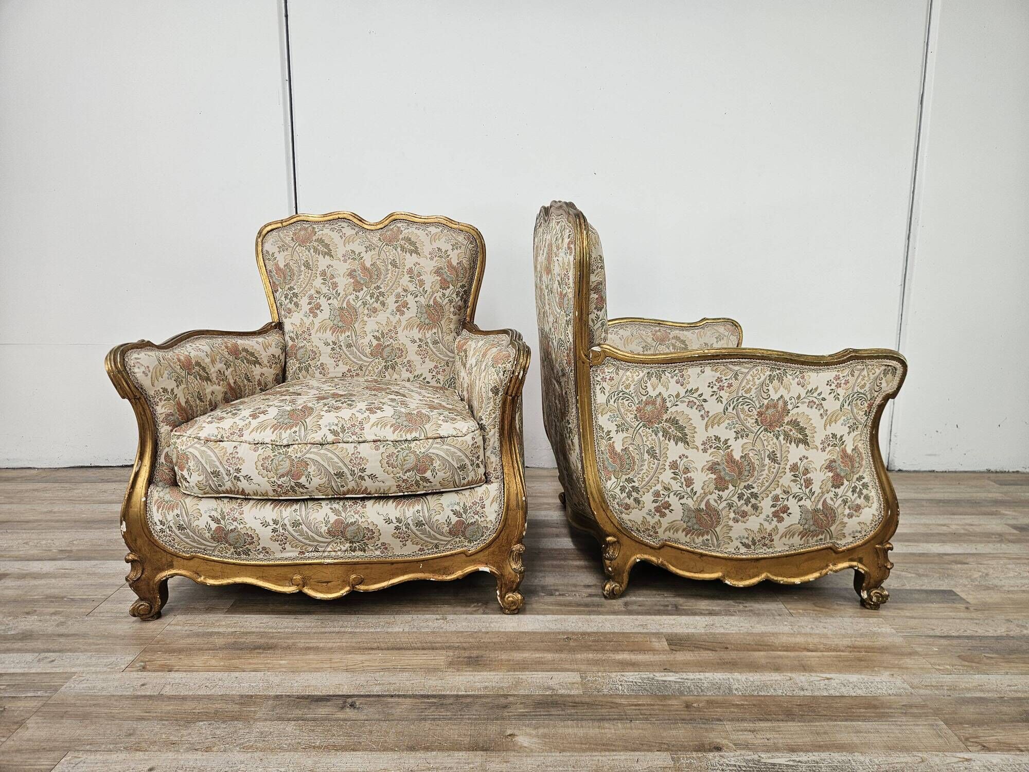 20th Century Italian Baroque Style Bergère Armchairs in Carved and Gilded W