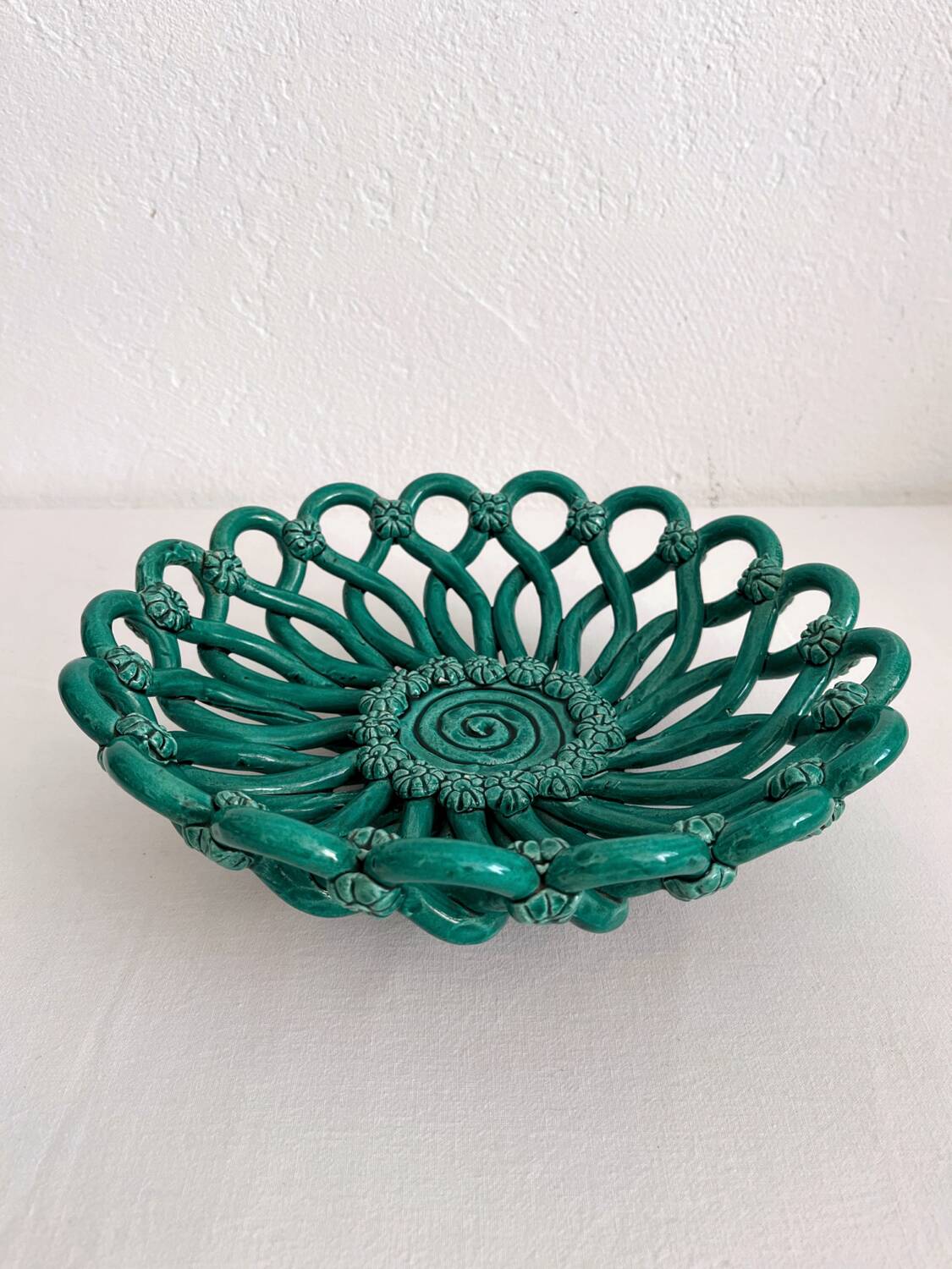 Vintage Vallauris green woven ceramic fruit bowl
