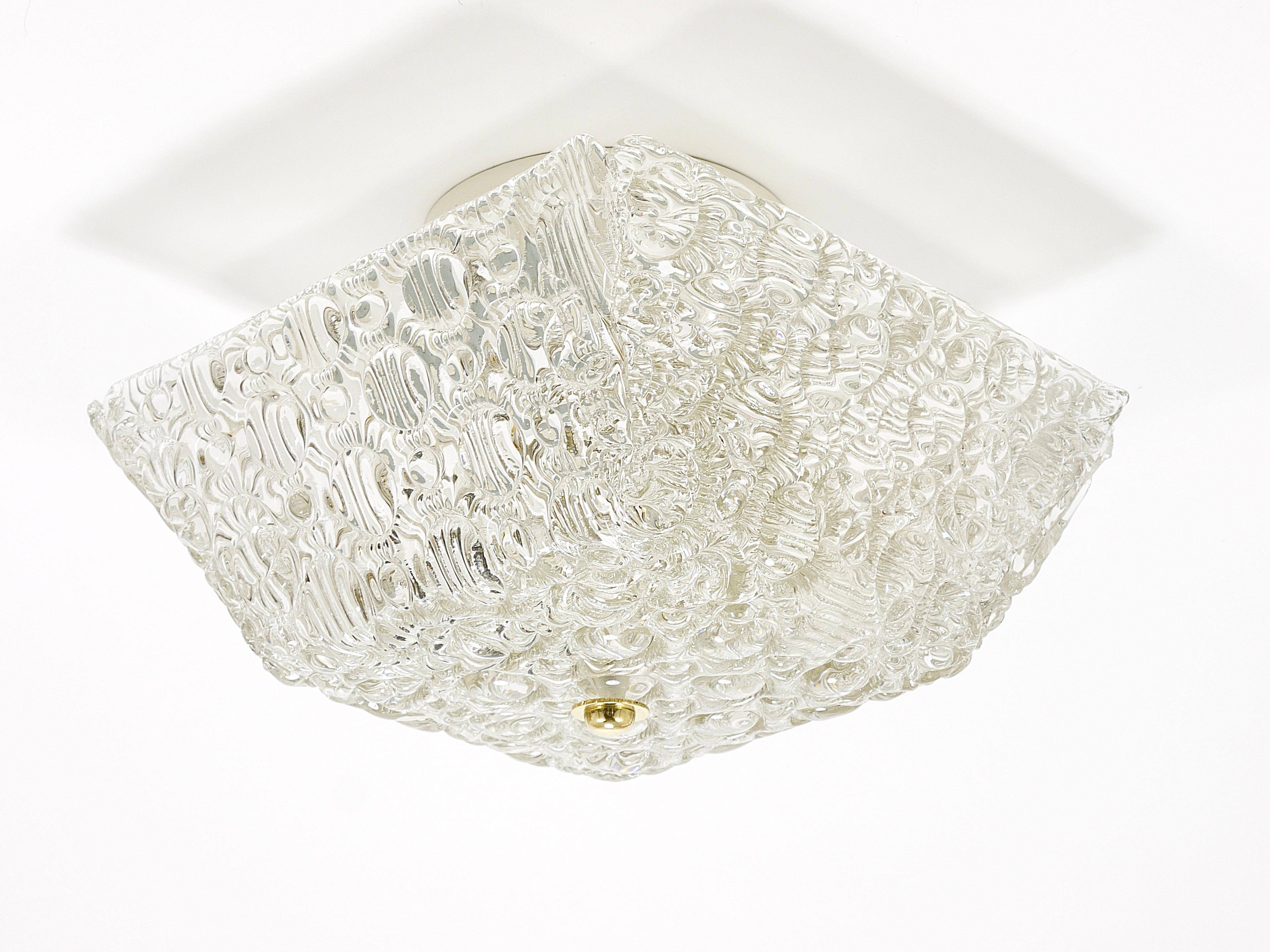 J.T. Kalmar Square Applique Ceiling Light in Brass and Textured Glass, 1950s