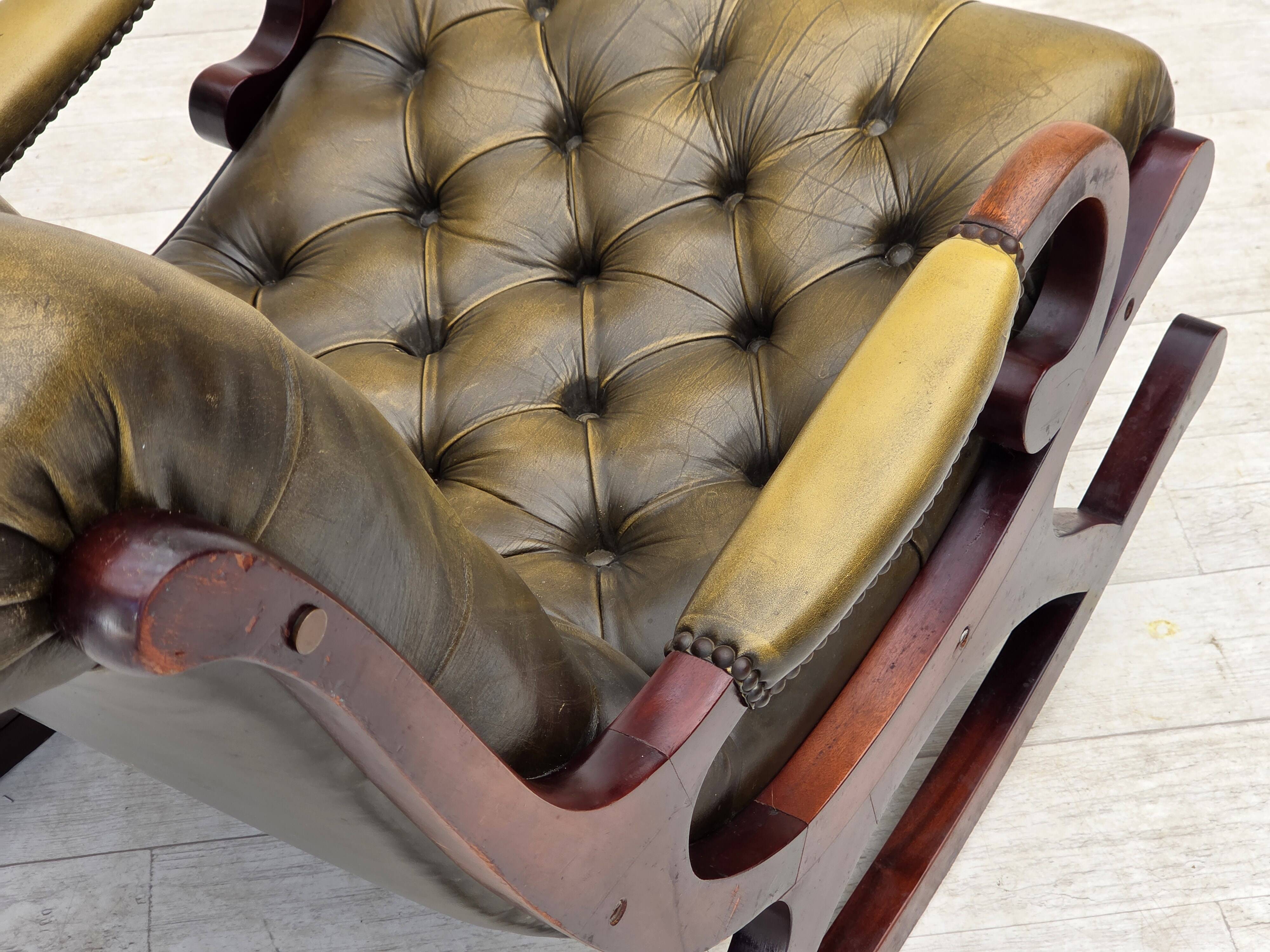 1950s, Chesterfield rocking chair, furniture leather, teak wood.