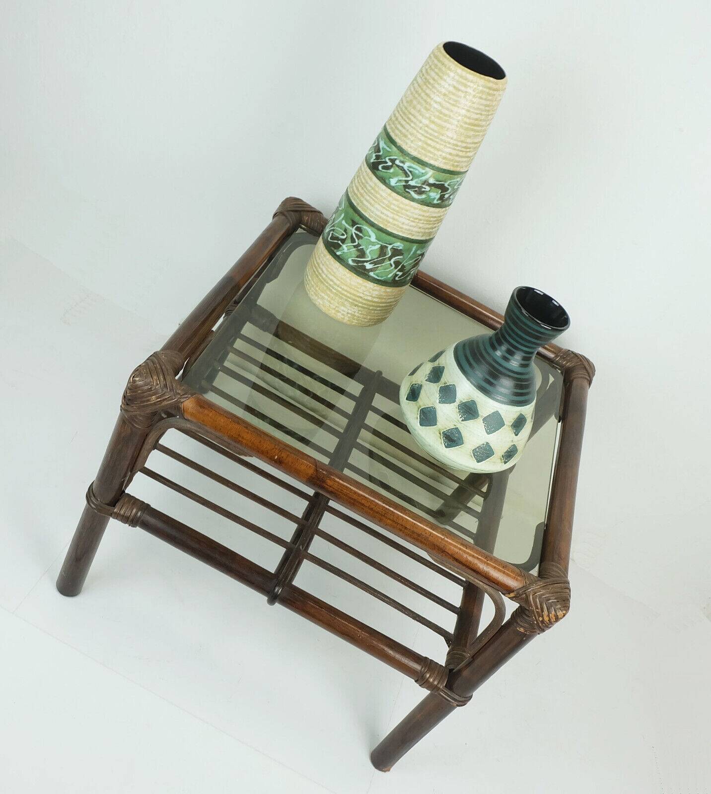 1970s mid century SIDE TABLE coffee table bamboo wicker glass