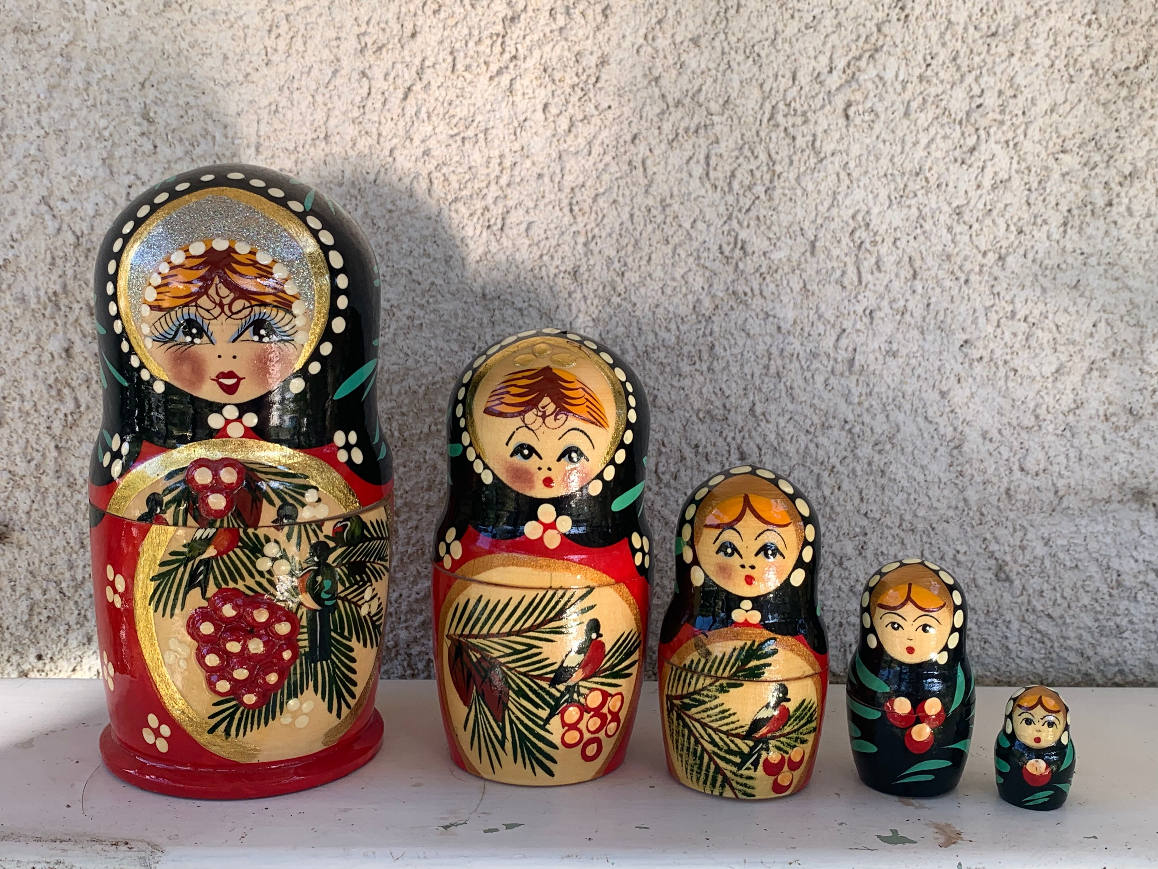 5 Russian matryoshka dolls made of folk and vintage handmade wood