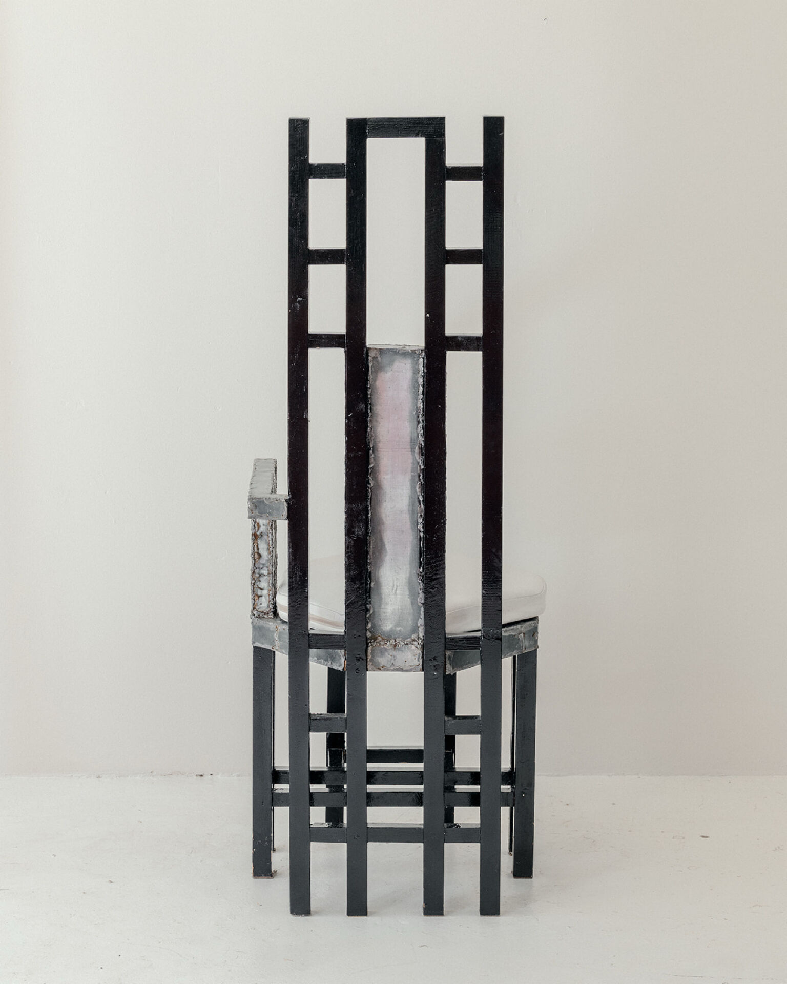 Postmodern Throne Chair in Black Lacquered Wood, Iron Sh
