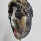 Signed raku ceramic mask, on wooden base – Expressive sculpture 28 cm
