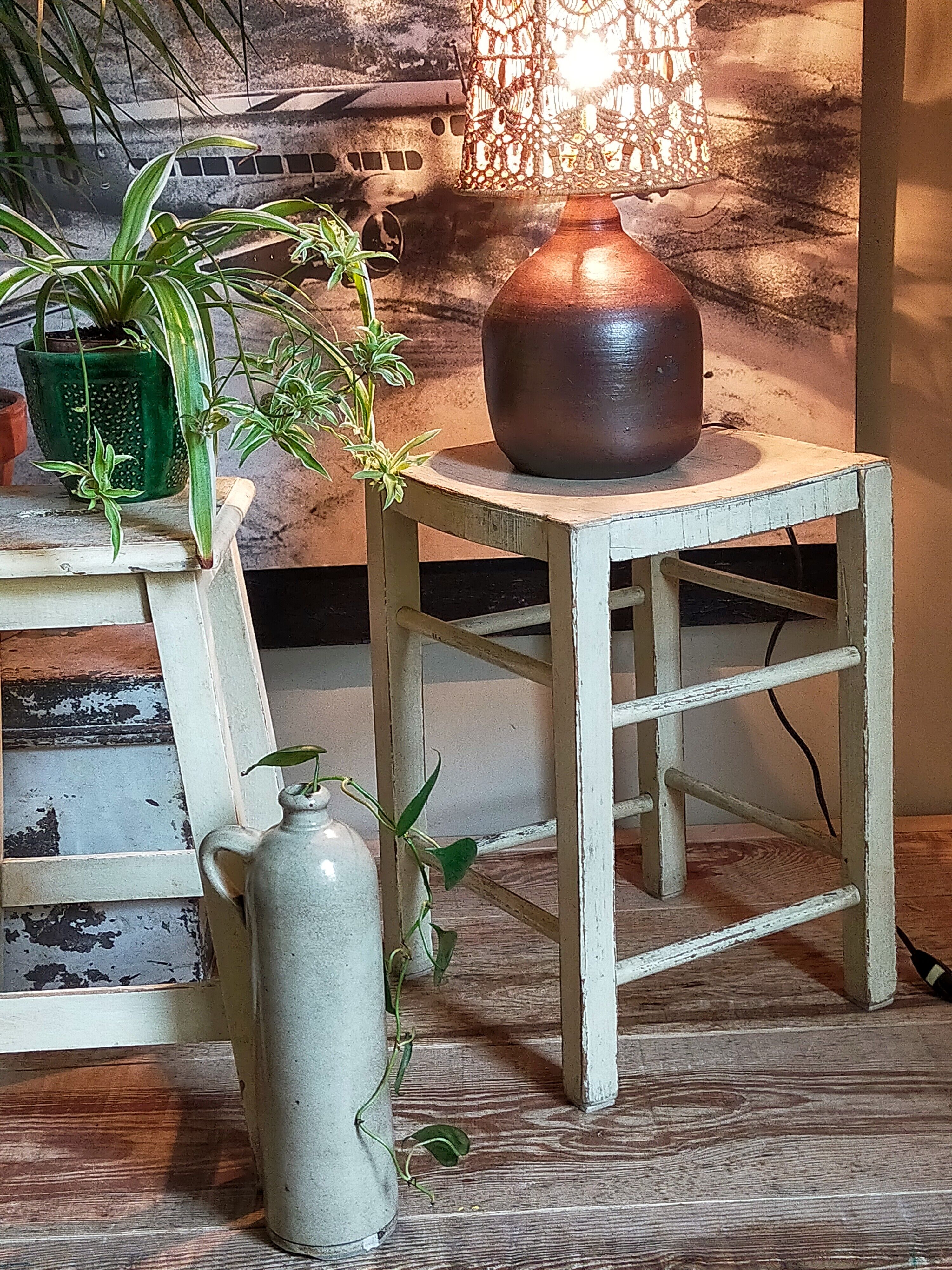 Old patinated painted wooden stool