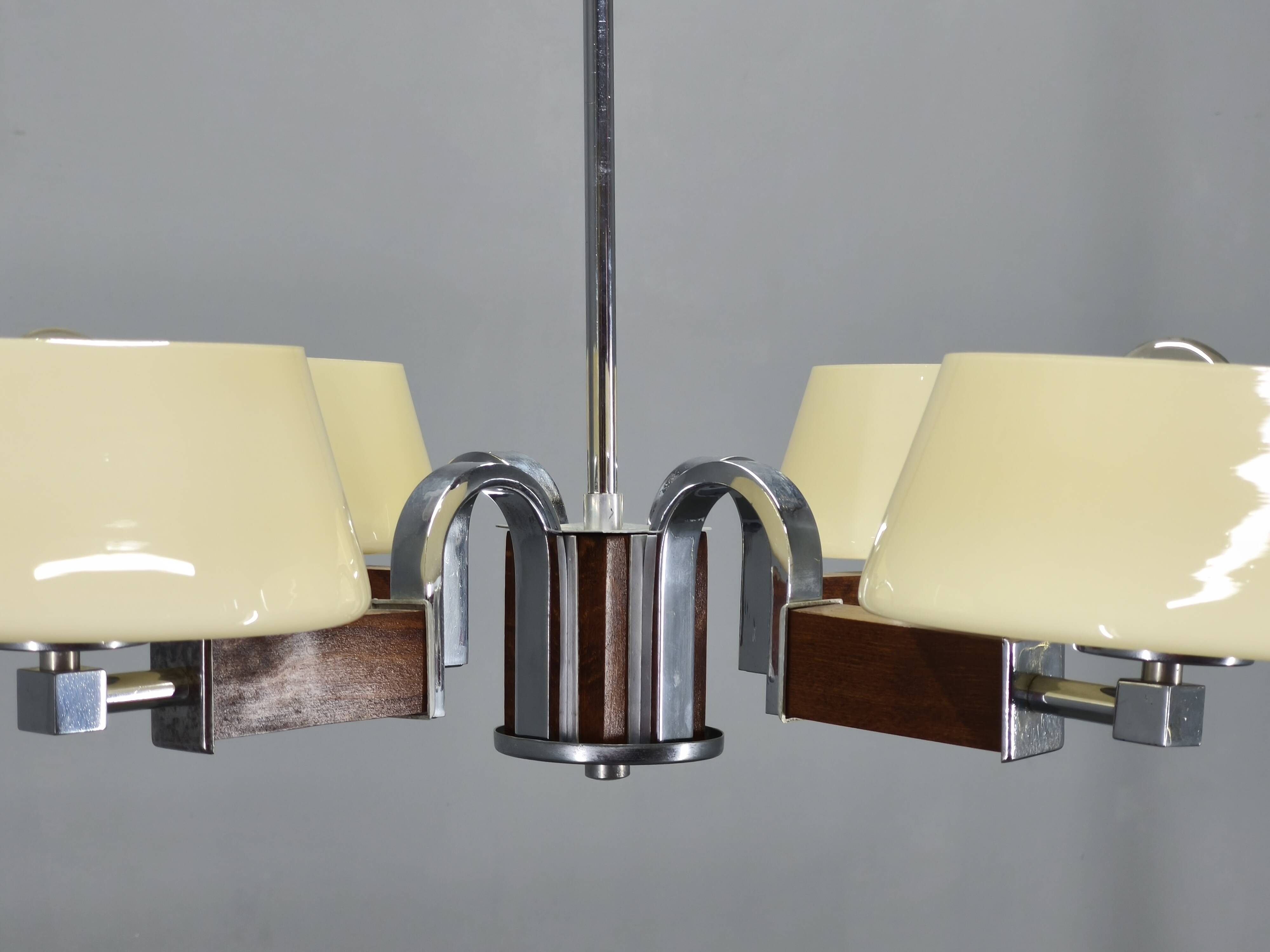 Art Deco Chandelier in Chrome, Wood and Glass, Czechoslovakia
