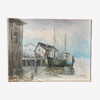 Peinture à l’huile tableau ancien signé port et bateaux