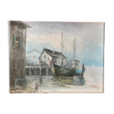 Peinture à l’huile tableau ancien signé port et bateaux