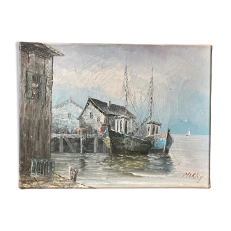 Peinture à l’huile tableau ancien signé port et bateaux